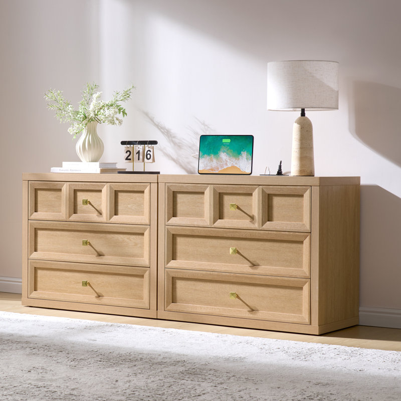 Mid-Century 3D design 31'' W 3-Drawers Nightstands Set of 2, Natural