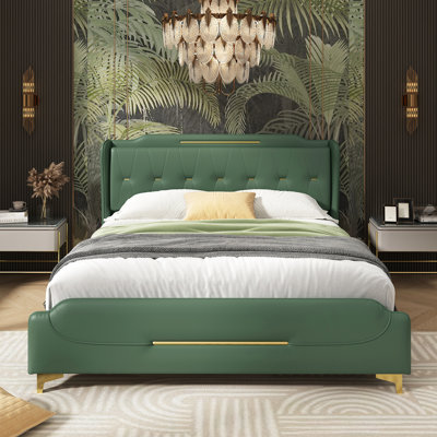 Grand lit en cuir avec tête de lit à oreilles et revêtement en polyuréthane, lattes en bois massif, pas de sommier requis, renfort en métal, cadre de plateforme luxueux confortable à incliner, facile à nettoyer,