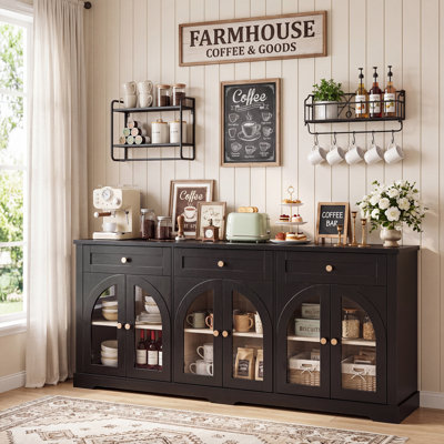 68 Inch Sideboard Cabinet with 6 Arched Glass Doors 3 Drawers and Adjustable Shelves