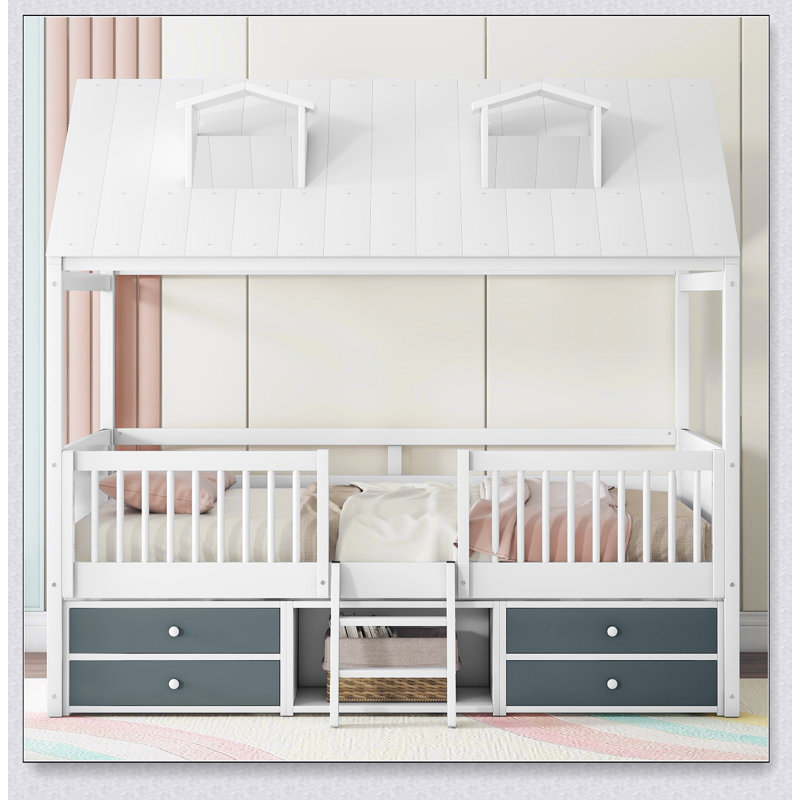 Wood Bed House Bed Frame, White, Full