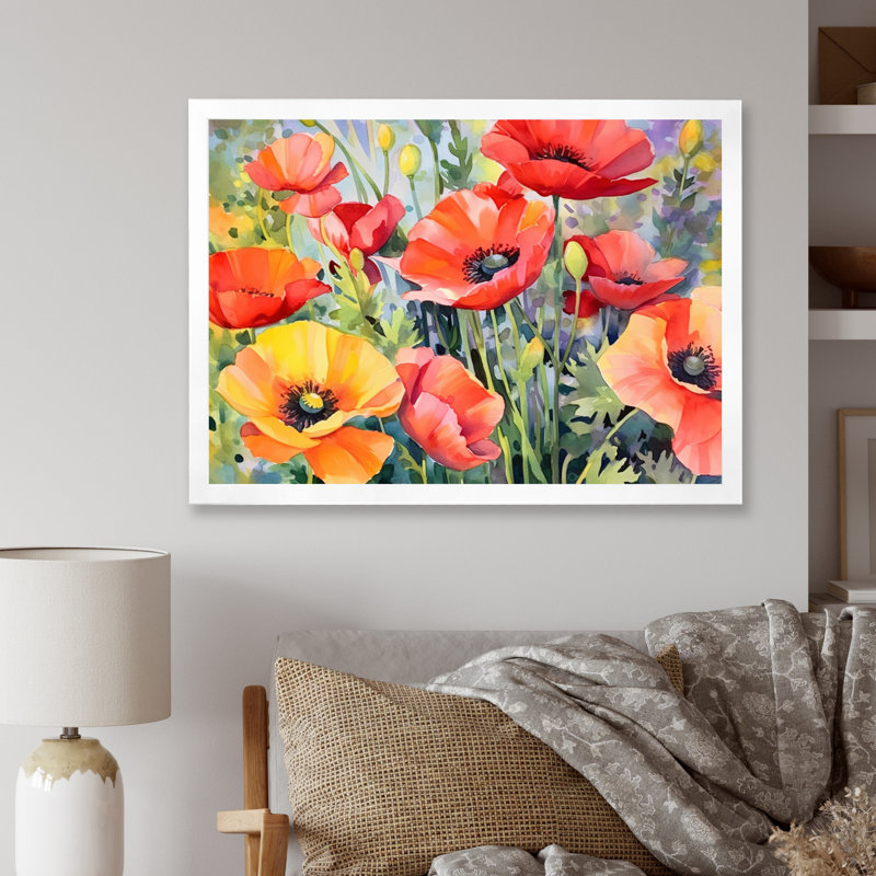 Vibrant Poppies I - impressions florales encadrées, Cadre simple blanc, H 12 po x l 20 po x P 1 po