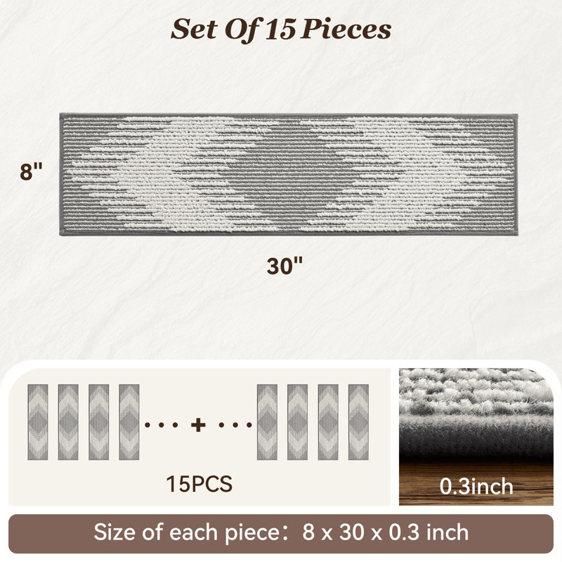 Tapis d'escalier antidérapant gris, 15, Rectangle 0'8" x 2'6", Gray