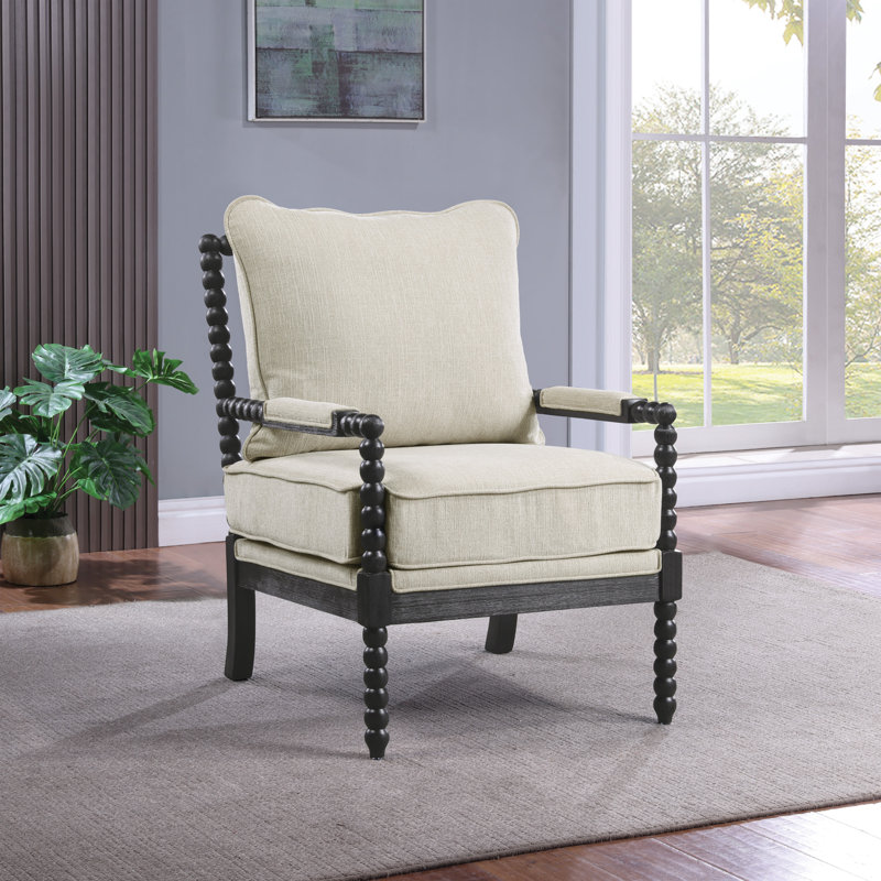 Fletcher 26.75" Wide Armchair, Linen White 100% Polyester, Black