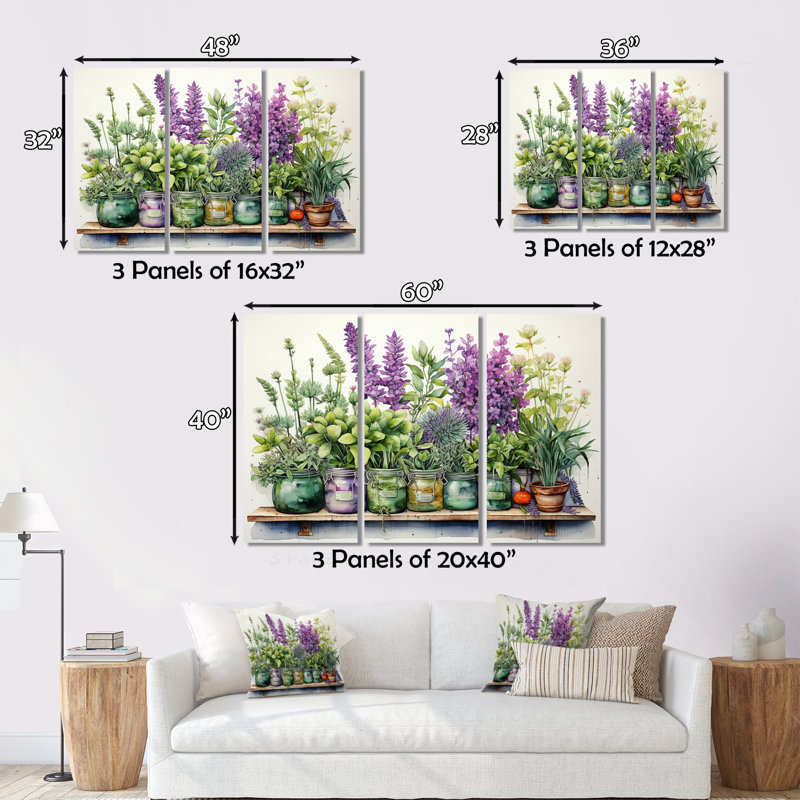 «Purple Green Herbs Herbal Haven» sur toile, reproduction de 3 pièces, H 28 po x l 36 po x P 1 po, Toile tendue
