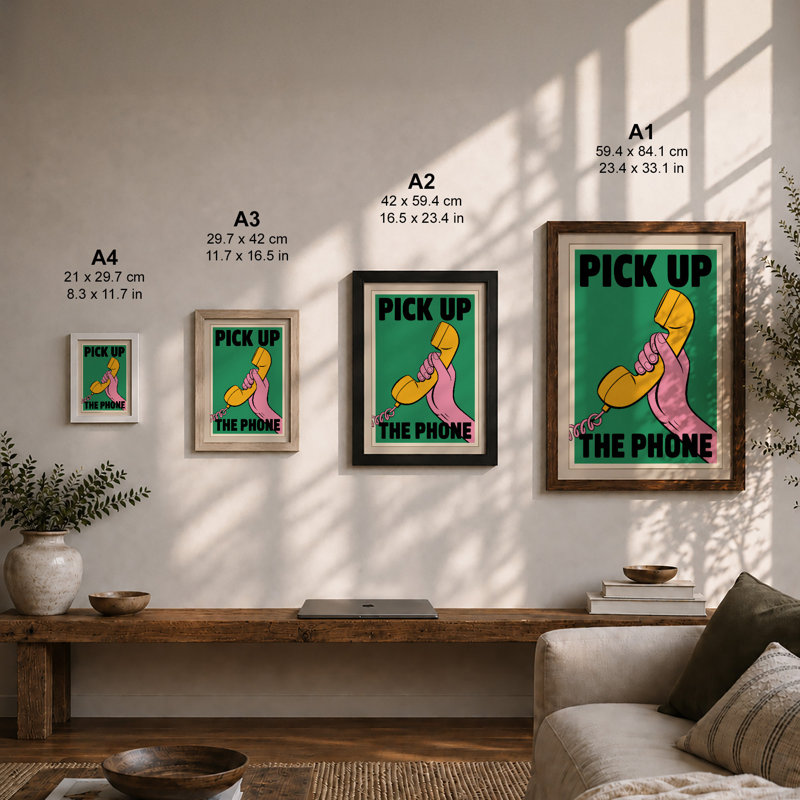 Pick Up The Phone Retro - Framed Print, A2 - 59.4 x 42.0 cm, Walnut