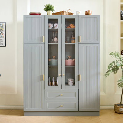 Grande armoire de cuisine moderne de 53,2 po de largeur, 6 portes, tiroirs, tablettes, plateaux coulissants et support à vin, vert