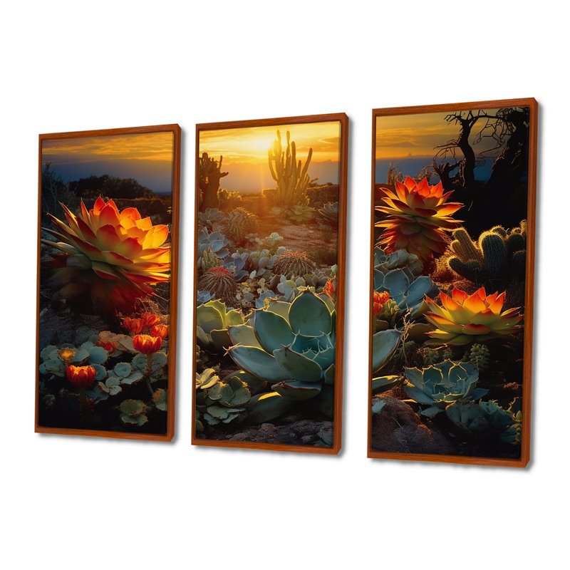 «Succulent Desert Cactus Field Burning Sunset» - ensemble d'art mural succulent, H 28 po x l 36 po x P 1 po