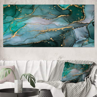 Turquoise et gris, art abstrait fluide de luxe II, reproduction sur toile