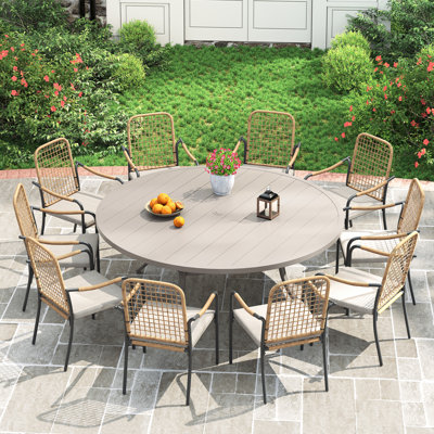 10-Person Round Patio Dining Set With Woven Rattan Cushioned Chairs