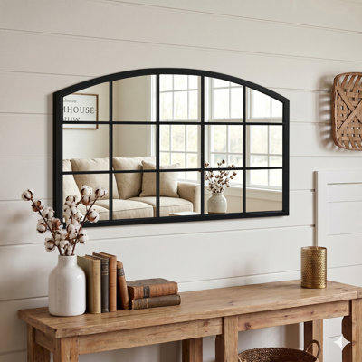 Industrial Arch Windowpane Wall Mirror, 41.3"x27.6", Black Metal Frame Decorative Mirror