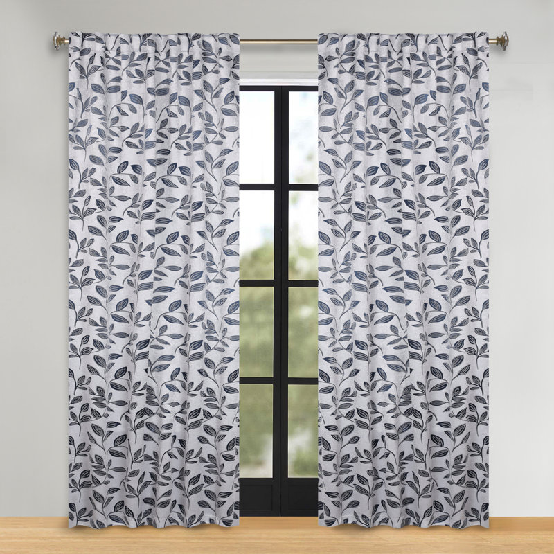 Leaves Pattern Machine Washable 100% Polyester Black Out Curtains with Back Tabs, 52" W x 84" L, White/Navy Blue