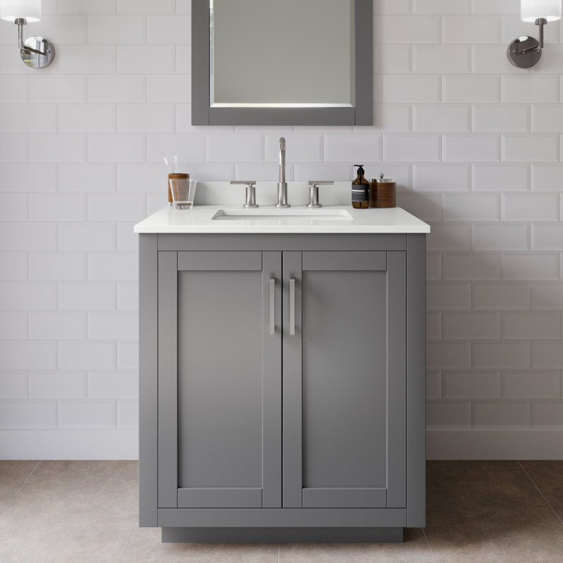 Miranda 30" Freestanding Single Bathroom Vanity with Quartz Top, White Quartz, Dark Gray, Brushed Nickel