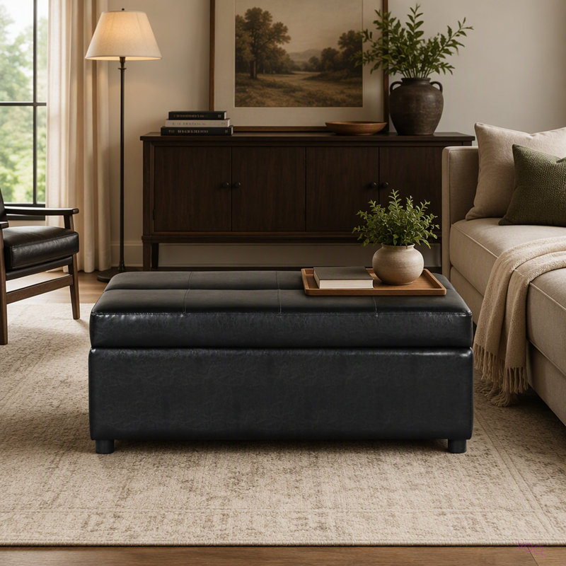 Lit d'appoint convertible ottoman pliant avec matelas, Similicuir noir