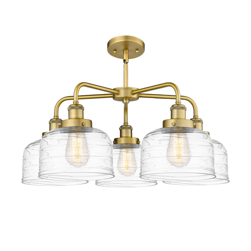 Lustre en verre à 5 lumières Bell, Tourbillon déco transparent, Laiton brossé