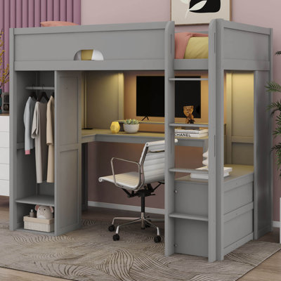 Lit mezzanine avec bureau en L, armoire de rangement et garde-robe, lit mezzanine en bois massif avec bande lumineuse à DEL et ports de charge USB