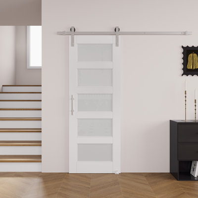 80"H x 28"W | 5-Lite Frosted Glass White Sliding Barn Door with Nickel-Plated Installation Hardware Kit (No Assembly Required)