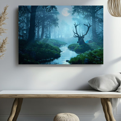 Canvas A Serene Forest Scene Illuminated By A Full Moon Casting Wall Art A Silvery Glow Over A Tranquil Stream In The Foreground Canvas Wall Art