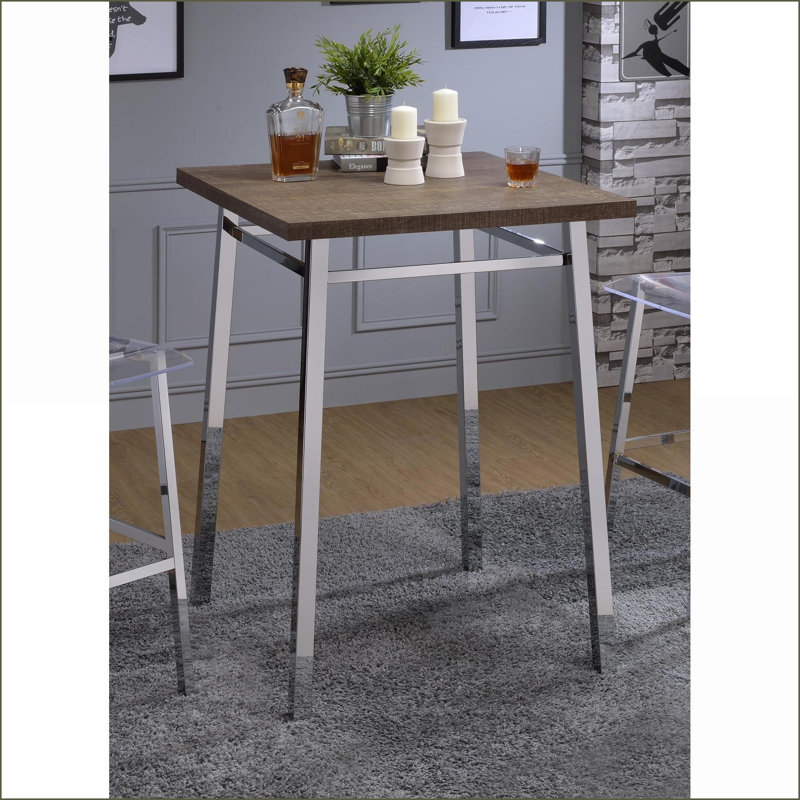 Chêne moderne Table de bar carrée chromée pour bar / cuisine à domicile - Centre de table spacieux et robuste