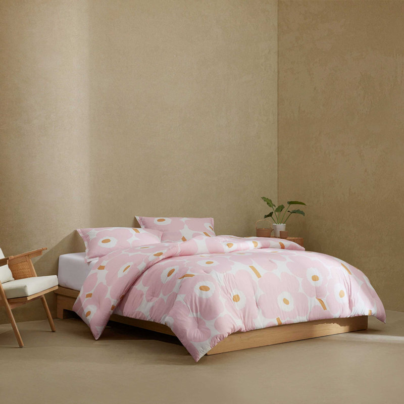 Marimekko Unikko Cotton Red Duvet Cover Set, Queen Duvet Cover + 2 Shams, Light Pink