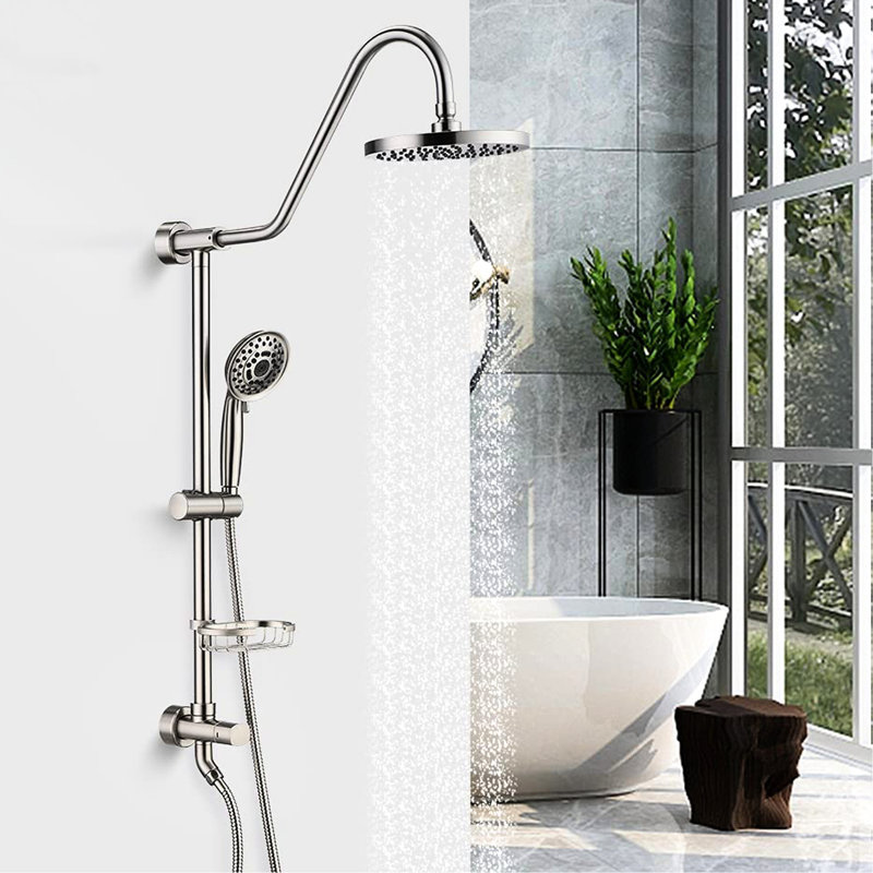 Système de douche en nickel brossé, installation à 5 mains et installation facile avec pomme de douche à pluie et installation à main, en acier inoxydable, surface