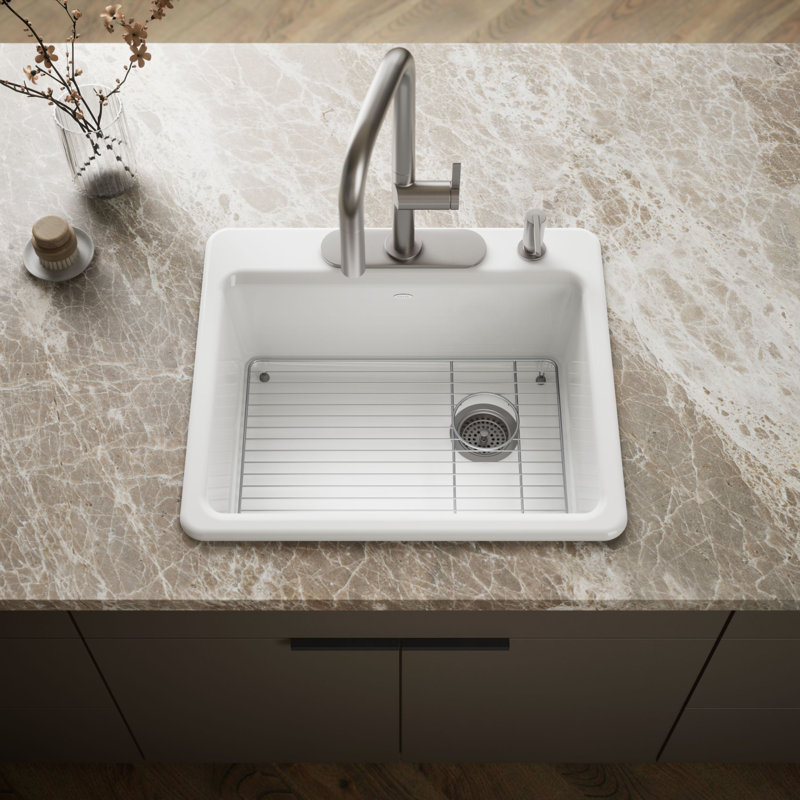 Riverby® 25" L x 22" W x 9-5 8" Bar Kitchen Sink with Basin Rack, 4 holes, White