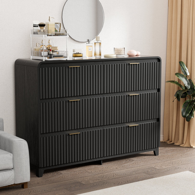 6 Drawer Dresser for Bedroom, Fluted Modern Chest of Drawers with Mrtal Handle for Living Room, Black, Black
