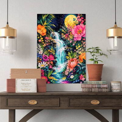 Canvas Wall Art Moonlit Waterfall Floral Garden Art Print Vintage Poster Print Home Decor