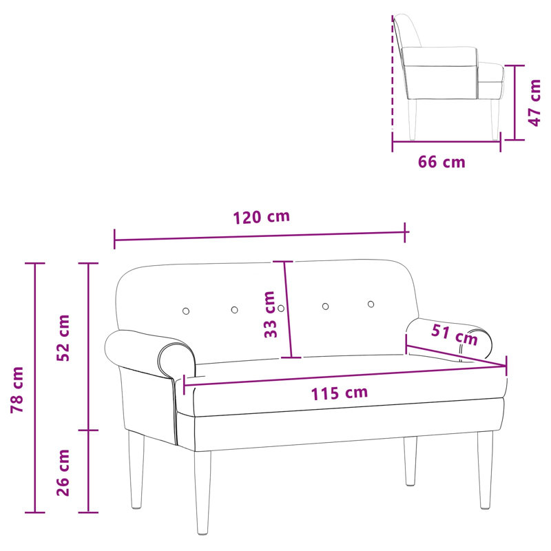  Causeuse capitonnée noire 47,24 po x 25,98 po x 30,71 po, Black