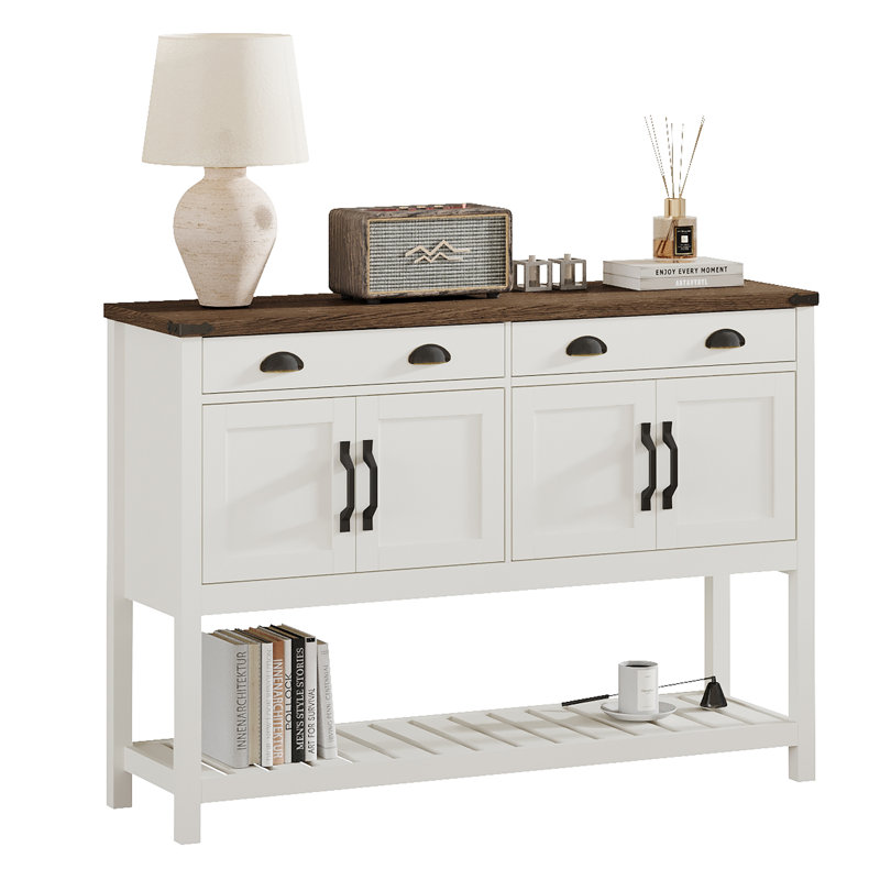 Armoire console 47 po avec deux tiroirs et 2 portes doubles, Beige, Bois brun