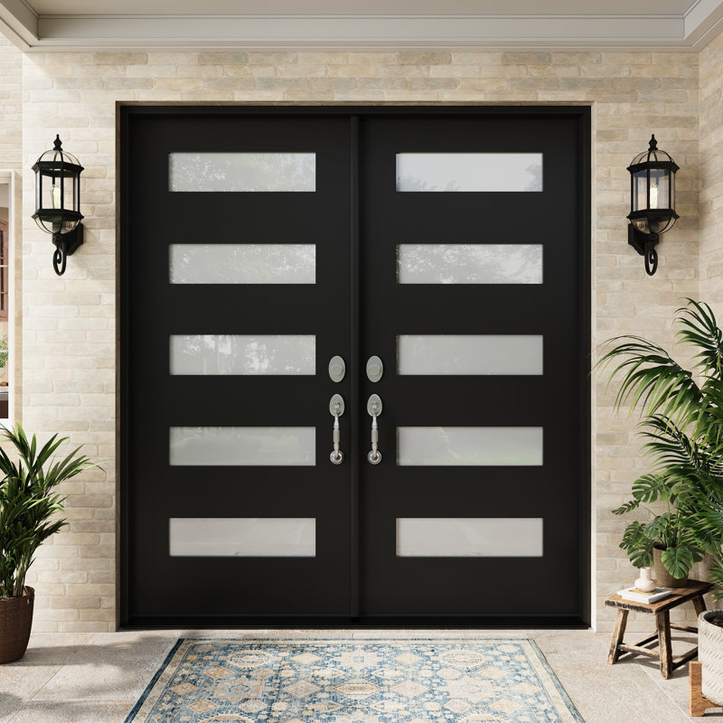 Entry Front Exterior Fiberglass Door 72" x 80"(2 * 36" x 80") Painted Black 5-Lite Frosted Glass French Door With Jamb,Classic Design & Modern Style & Long-Lasting Use, Left-Hand Inswing (Not Included Hardware Kit)