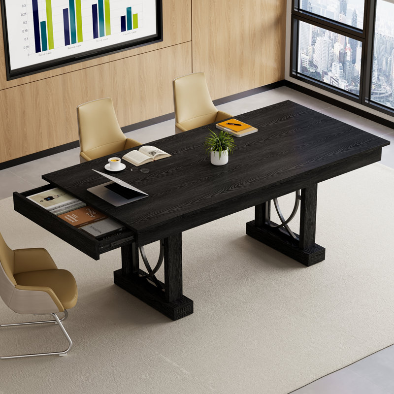 Spacious 71-Inch Dining Table for 6-8, Rectangular Wooden Table with Double Pedestal Base, 2 Storage Drawers, Black