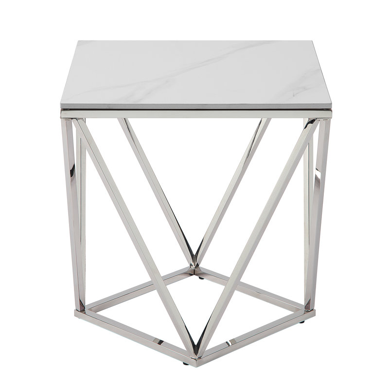Modern White Sintered Stone Top End Table With Stainless Steel Frame