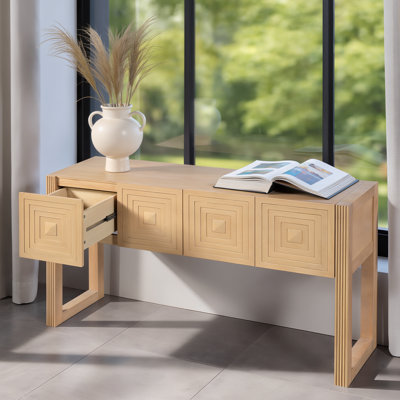 Geometric Carved Entryway Table, Light Brown, With Recessed Legs And Three Slowly Closing Drawers; Suitable For Living Room And Hallway.