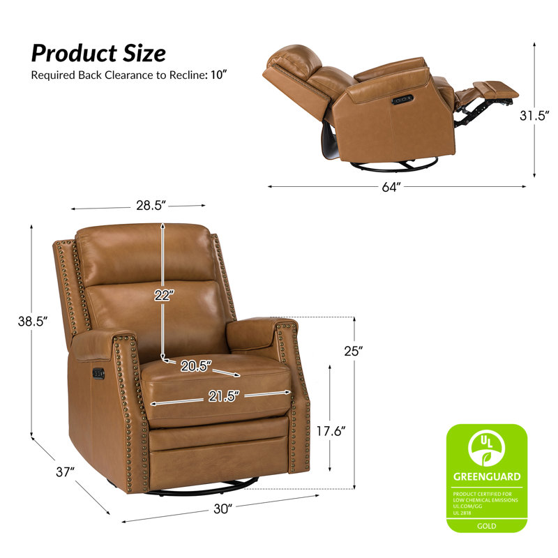 Atascosa 30" Wide Genuine Leather Swivel Power Recliner with USB Port, Camel