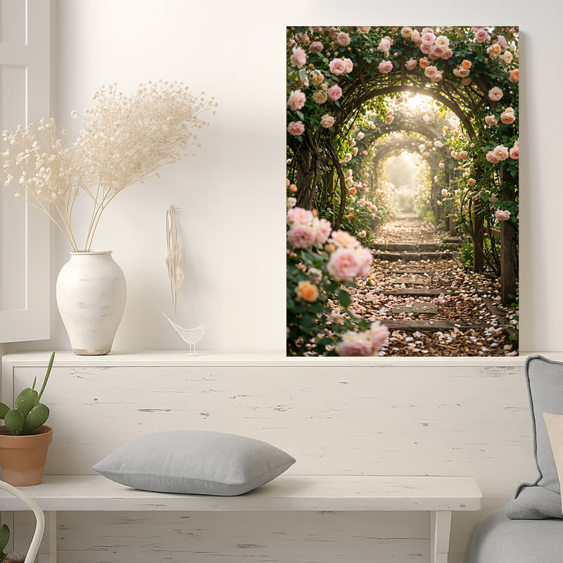 «Rose and Peach Rose Arches Sunlit Garden Path», art mural sur toile, H 48 po x l 36 po