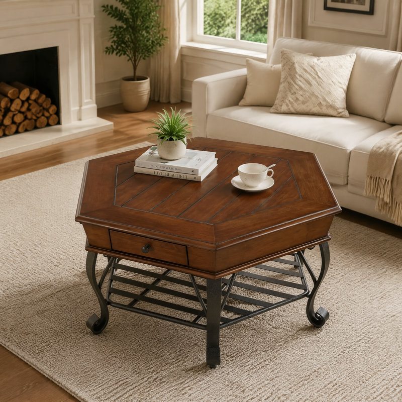 40.16" Hexagonal Wood Coffee Table with Storage Drawer and Lower Shelf