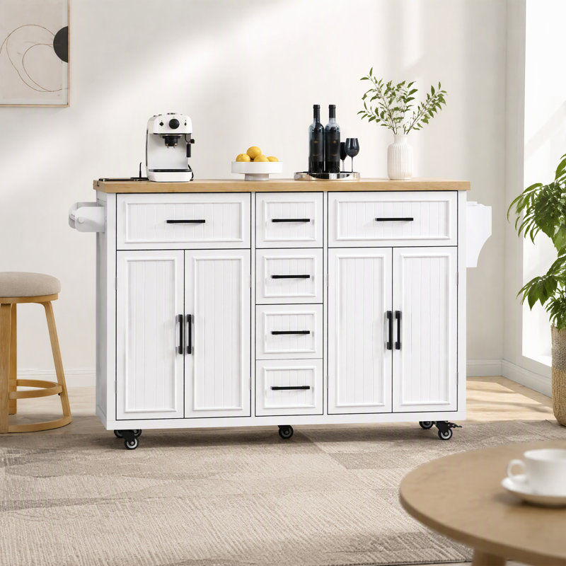 Îlot de cuisine de 143,5 cm (56,5 po) avec abattant, prise de courant, 5 tiroirs et étagères réglables, blanc, White