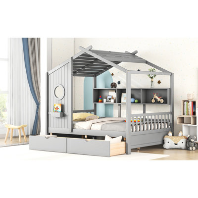 Lit double gris avec conception de maison en bois, 2 tiroirs et tablette de rangement pour épingles, décoration de structure,