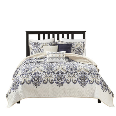6 Piece Navy/tan Reversible Quilt With Throw Pillows, Full/queen. Updated Paisley Quilt, 100% Microfiber. Soft Reverse Fabric. 2 Shams And 3 Decorative Pillows. Machine Washable & Spot Clean Modern