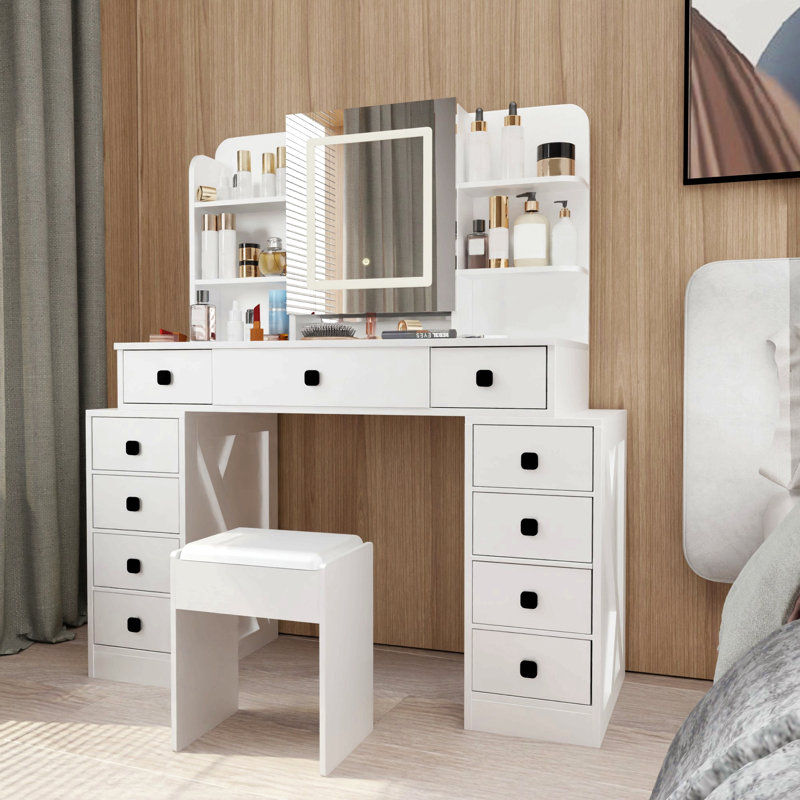 Bureau de coiffeuse de ferme avec miroir coulissant, lumières et station de charge, bureau de table de maquillage avec lumière DEL à intensité variable, table de maquillage de coiffeuse avec tabouret moelleux