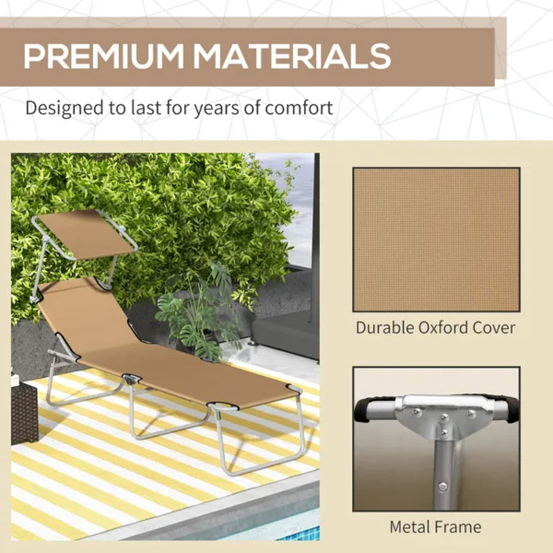Chaise longue pliante brun clair avec abat-jour réglable pour piscine et patio