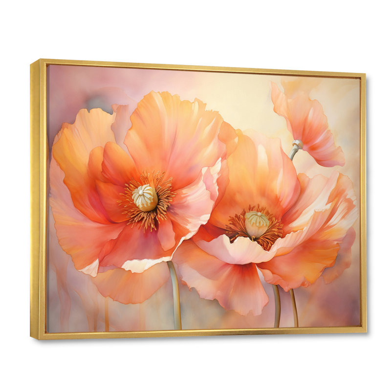 Coral Poppies Romantic Impression VI - Art mural de coquelicots pour le salon, Cadre flottant doré