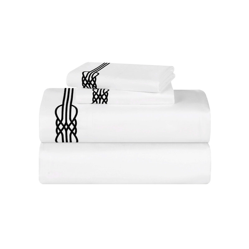 Ensemble de draps en coton brodé Moonlawn, Ensemble de draps pour très grand lit avec 2 taie, White/Black
