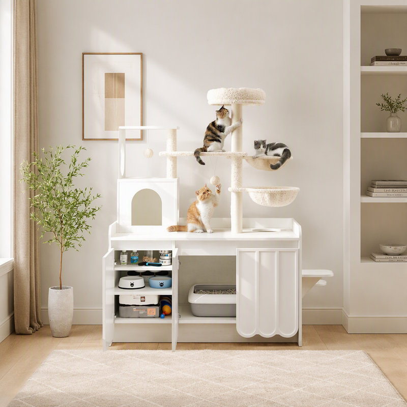 Arbre à chat de 129 cm avec bac à litière intégré, tour à plusieurs niveaux avec griffoir en sisal et rangement, condo moderne tout-en-un pour chat