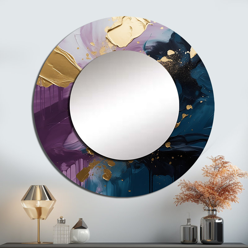 Oene, réalités mauves et bleues sur toile IV - peinture abstraite, miroir mural unique, miroir rond violet, 36 po x 36 po