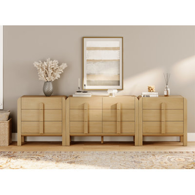 3-Piece Long Dresser Set For Bedroom, 110.2" Large Mid-Century Modern Dresser For Closet, Curved Profile Wooden Chest Of Drawers For Bedroom,Living Room