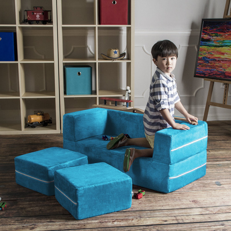 Altermease Zipline Modular Kids Loveseat & Ottomans/Fold Out Lounger, Teal