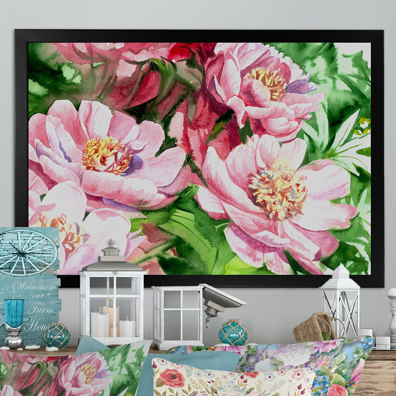 Aquarelle, pivoines roses, reproduction sur toile flottante, Cadre noir, H 8 po x l 12 po x P 1 po
