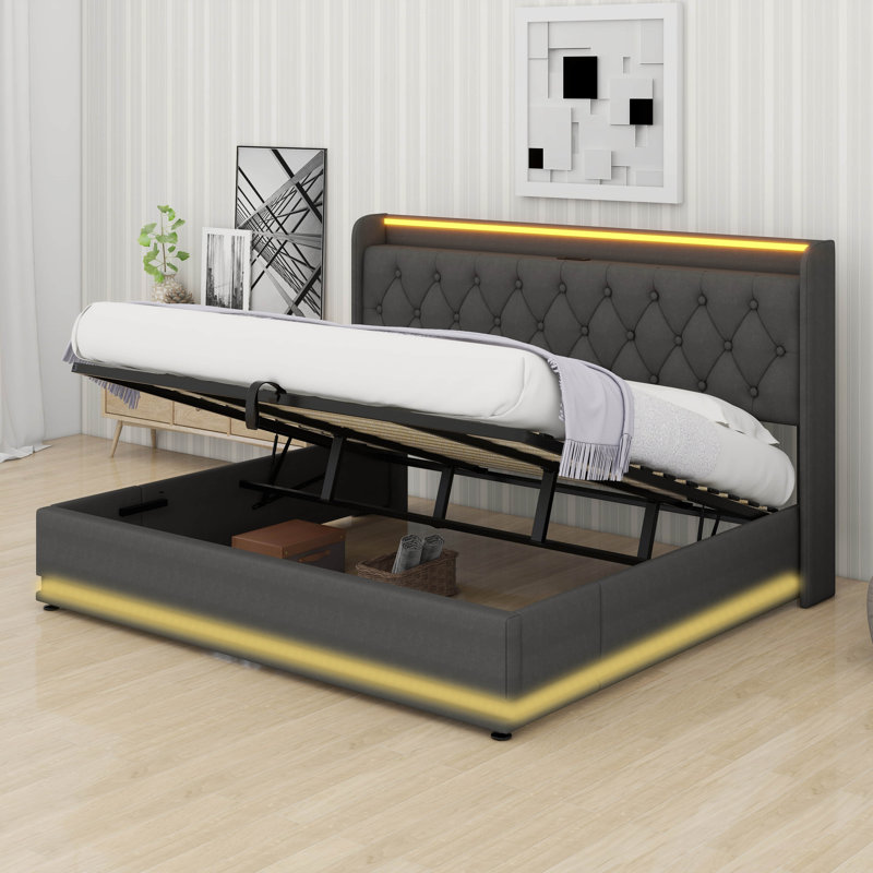 Très grand lit escamotable avec tête de lit, cadre de lit intelligent et cadre de lit à DEL avec port USB, tête de lit tapissier