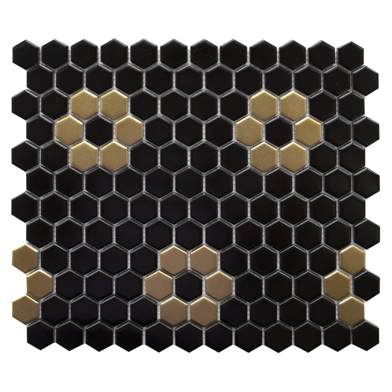 Value Series 1“ x 1" Porcelain Honeycomb Mosaic Wall & Floor Tile, Black/Gold Flower